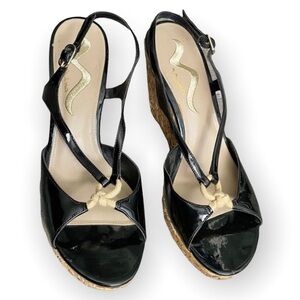 Nina Loana patent leather woven grass rope wedges size 9 summer beach vacation